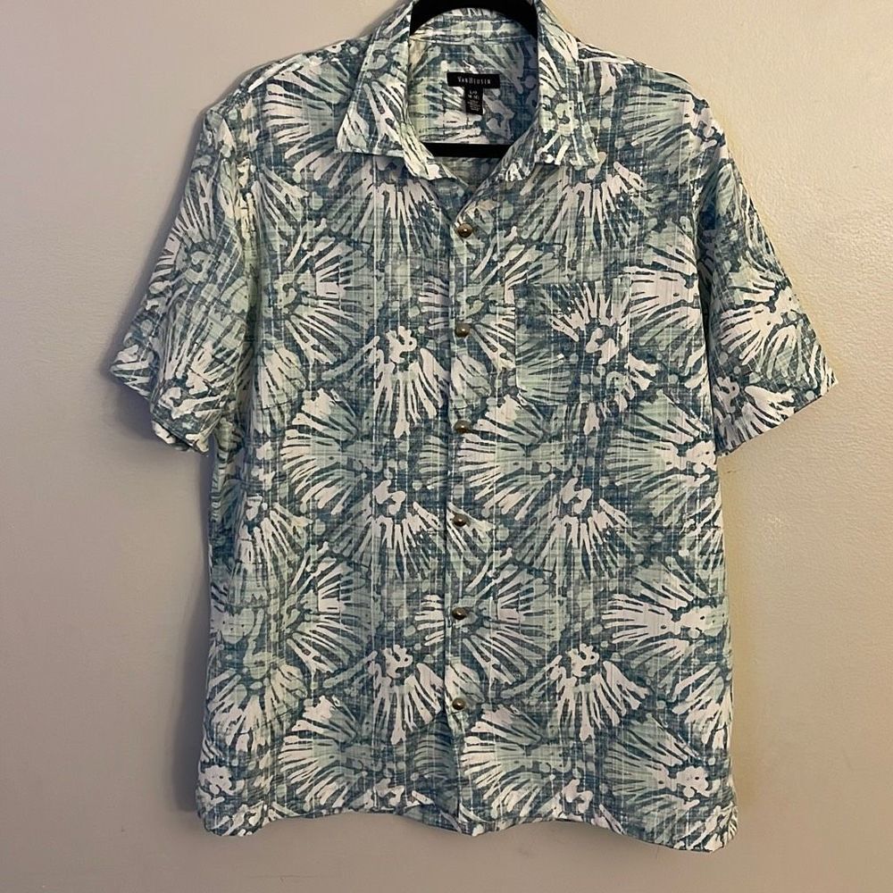 Men’s Van Heusen Large Short Sleeve Collared Button Up Blue Green Abstract Print